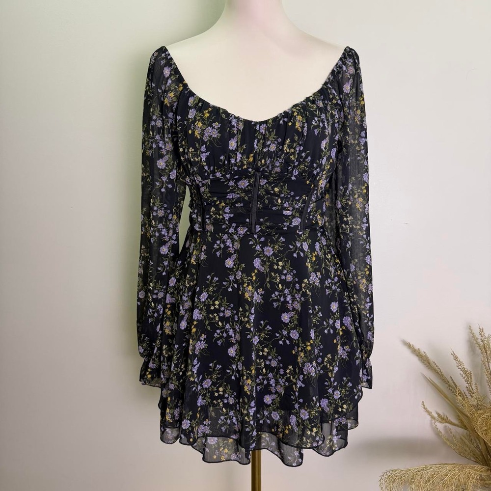 Alison + Kelly M Black Purple Floral Chiffon Mini Dress